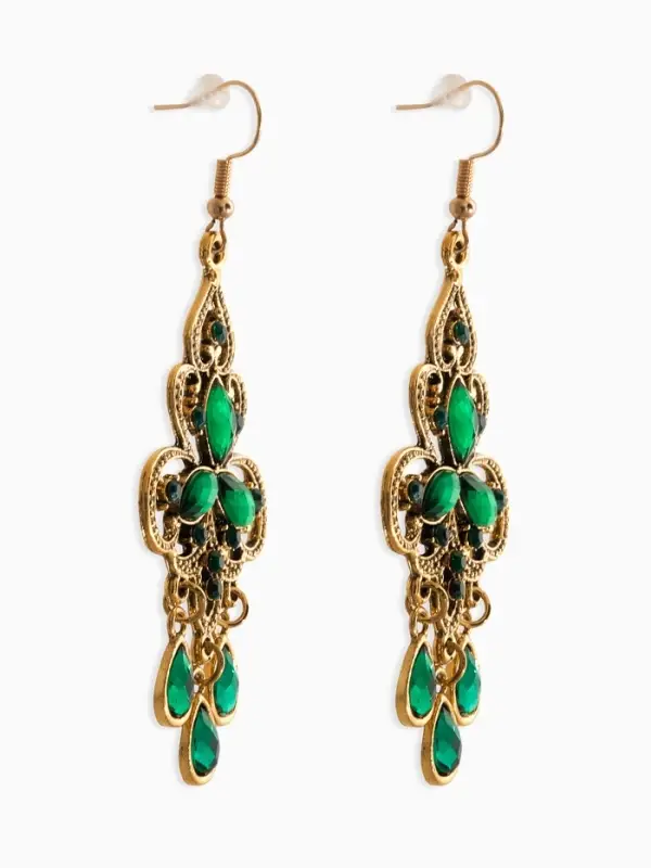 Серьги висячие со стразами &laquo;Восток&raquo;, трилистник, зелёные в чернёном золоте, 8 см