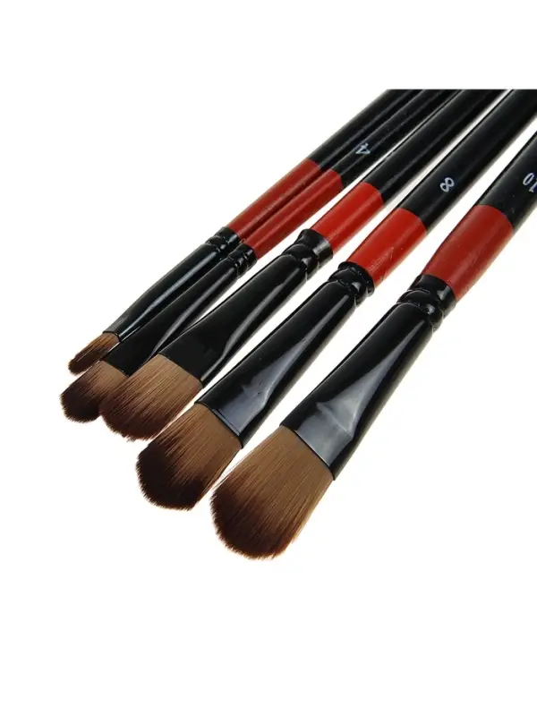Набор кистей для рисования, нейлон, 5 штук, плоские, закругленные, деревянная ручка, международный размер