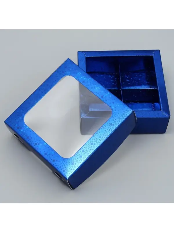 Коробка для конфет, кондитерская упаковка, 4 ячейки, &laquo;Синие звёздочки&raquo;, 10.5&times;10.5&times;3.5 см