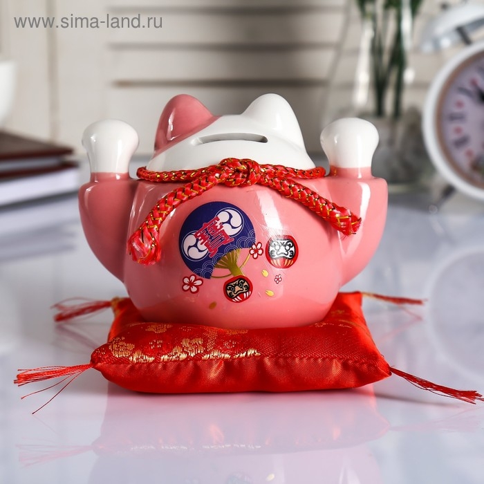 Копилка керамика Копилка керамика "Кот манэки-нэко розовый с колокольчиками" 10,5х13,5х9 см