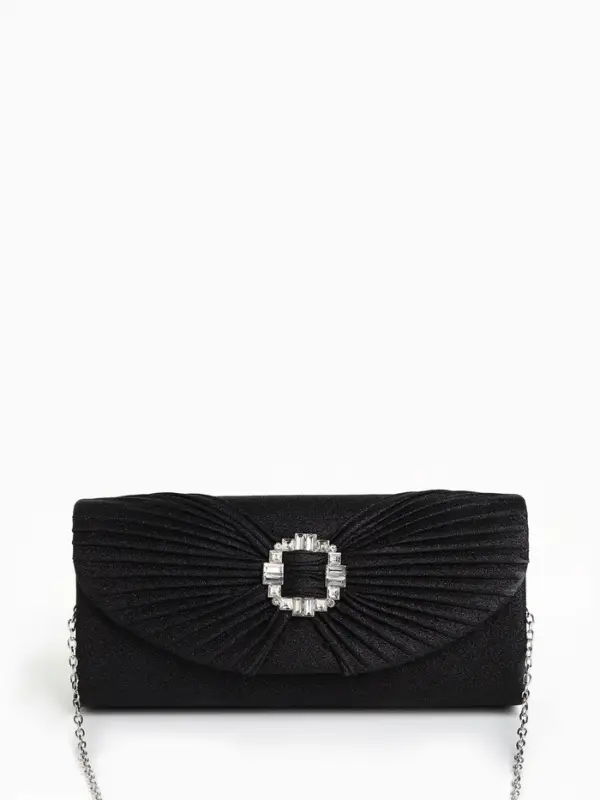 Сумка-клатч женская вечерняя на магните, на длинной цепочке, с декоративной пряжкой, блестящая, чёрная