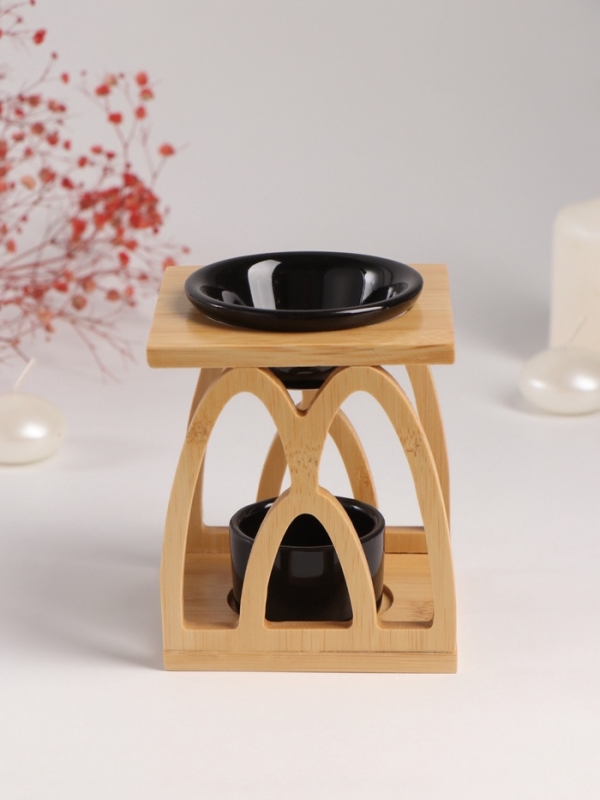 Аромалампа бамбук, керамика с подставкой под свечу Аромалампа бамбук, керамика с подставкой под свечу "Узоры" чёрная 9,5х9,5х13,5 см