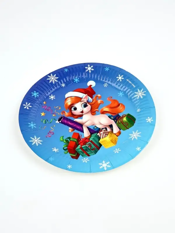 Тарелка бумажная "Лошадка в шапке" ,  голубая 18 см