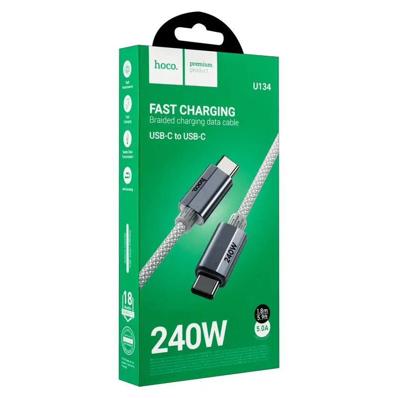 Кабель Type-C на Type-C 1,8M 240W U134 HOCO серый