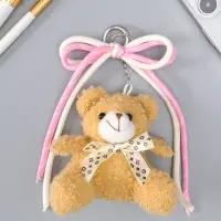 Брелок текстиль "Мишка с бело-розовым бантиком" бежевый 6х9,5х20 см