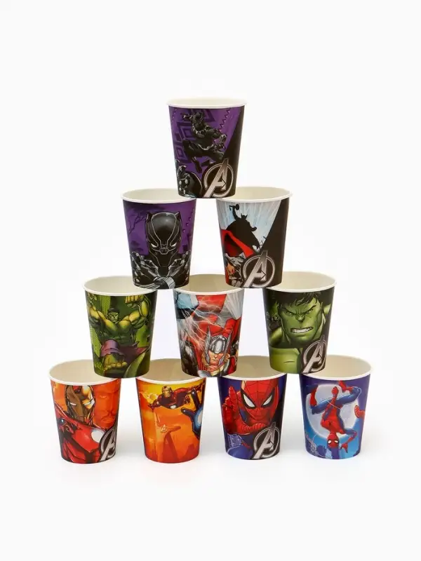 Набор бумажной посуды 10 персон: стакан, тарелка, скатерть, Мстители