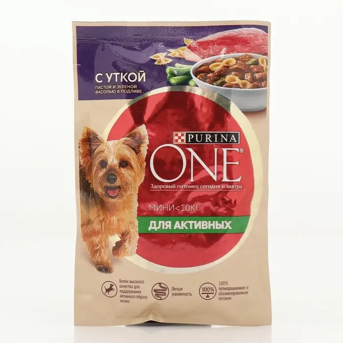 Влажный корм Purina One mini для активных собак, утка/паста/фасоль в подливе, 85 г Влажный корм Purina One mini для активных собак, утка/паста/фасоль в подливе, 85 г