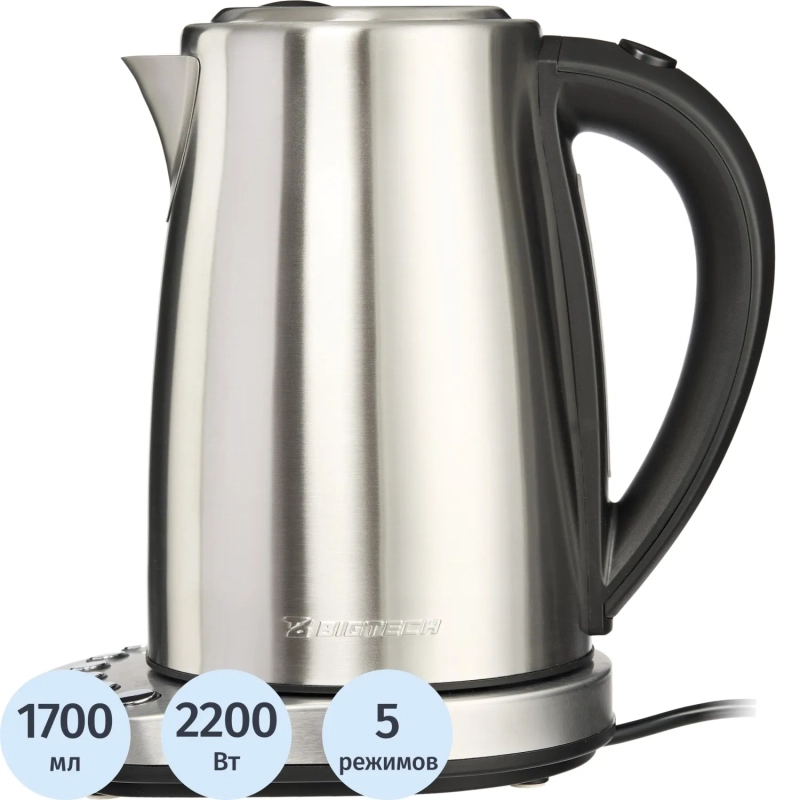 Чайник BigTech FEK205SМ, 1,7л, 2200, Strix, металл