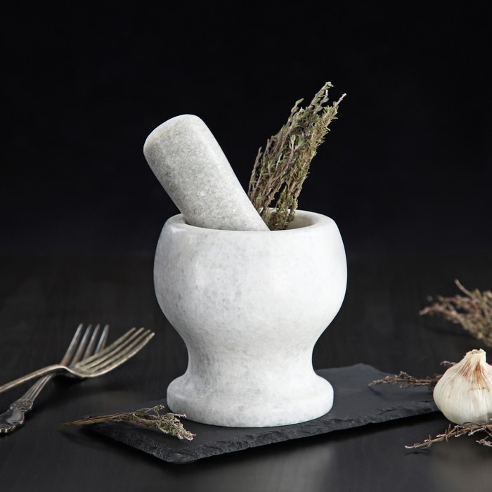 Ступка с толкушкой Magistro «Мрамор», натуральный камень, цвет белый Ступка с толкушкой Magistro «Мрамор», натуральный камень, цвет белый