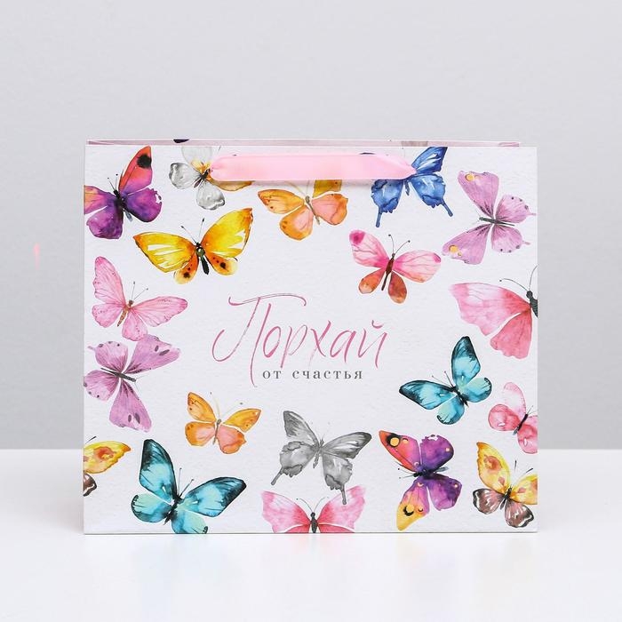 Пакет подарочный ламинированный горизонтальный, упаковка, &laquo;Порхай от счастья&raquo;, ML 27 х 23 х 11,5 см