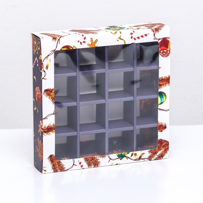 Новый год. Коробка под 16 конфет, 17,7х17,7х3,8 см, кондитерская упаковка