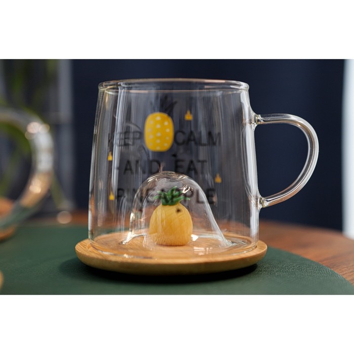 Кружка стеклянная с деревянной крышкой &laquo;Ананасик&raquo;, 300 мл