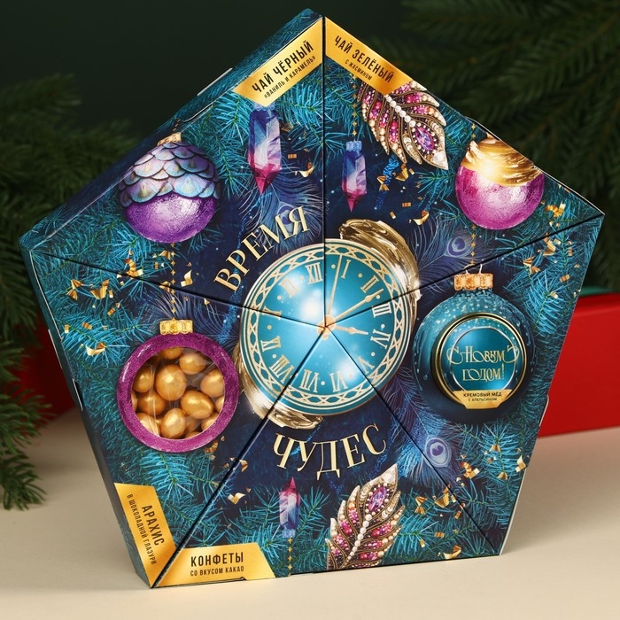 Подарочный набор «Время чудес»: чай чёрный со вкусом: ваниль и карамель 20 г., чай зелёный с жасмином 20 г., арахис шоколаде70 г., шоколадные конфеты 100 г., крем-мёд с апельсином 30 г. Подарочный набор «Время чудес»: чай чёрный со вкусом: ваниль и карамель 20 г., чай зелёный с жасмином 20 г., арахис шоколаде70 г., шоколадные конфеты 100 г., крем-мёд с апельсином 30 г.