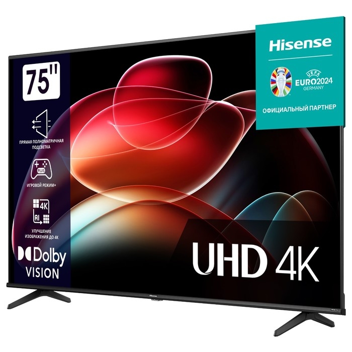 Телевизор Hisense 75A6K, 75 Телевизор Hisense 75A6K, 75", 3840x2160, DVB-T2/C/S2, HDMI 3, USB 2, Smart TV, чёрный
