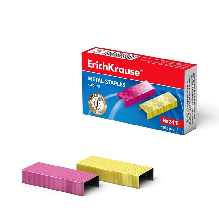 Скобы для степлера ErichKrause №24/6, цветные, 1000 штук Скобы для степлера ErichKrause №24/6, цветные, 1000 штук