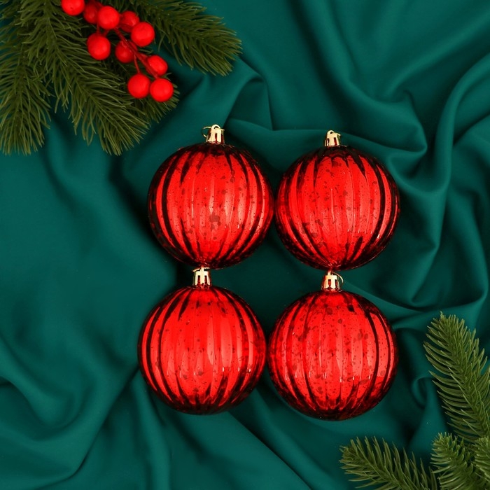 Набор шаров пластик d-8 см, 4 шт Набор шаров пластик d-8 см, 4 шт "Винтаж" полосы, красный