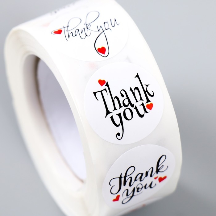 Наклейка бумага "Сердце. Благодарность" d=2,5 см 500 шт в рулоне 3х6,5х6,5 см