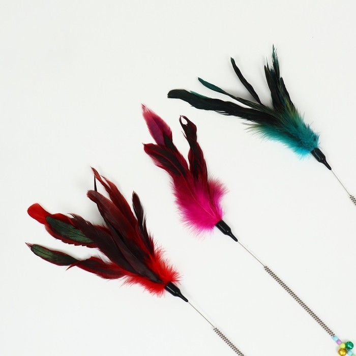 Дразнилка с перьями и 2 метал. бубенчиками и двойной ручкой (жёсткая/гибкая), 60 см, микс Дразнилка с перьями и 2 метал. бубенчиками и двойной ручкой (жёсткая/гибкая), 60 см, микс