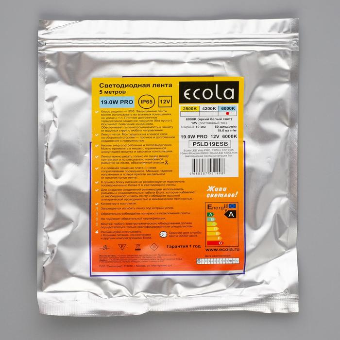 Cветодиодная лента Ecola PRO 5 м, IP65, SMD2550, 60 LED/м, 19 Вт/м, 12 В, 6000К Cветодиодная лента Ecola PRO 5 м, IP65, SMD2550, 60 LED/м, 19 Вт/м, 12 В, 6000К