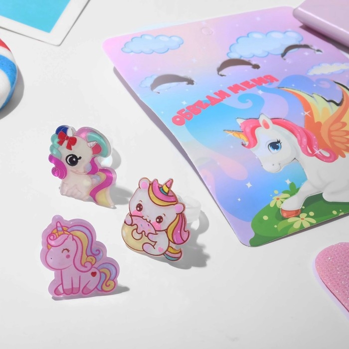 Набор детских колец «Выбражулька» светящийся, трафарет единорог, 3 шт., форма МИКС, цветной Набор детских колец «Выбражулька» светящийся, трафарет единорог, 3 шт., форма МИКС, цветной