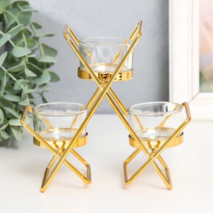 Подсвечник металл, стекло на 3 свечи Подсвечник металл, стекло на 3 свечи "Пересечения" d-4,5 см золото 14х6х16 см