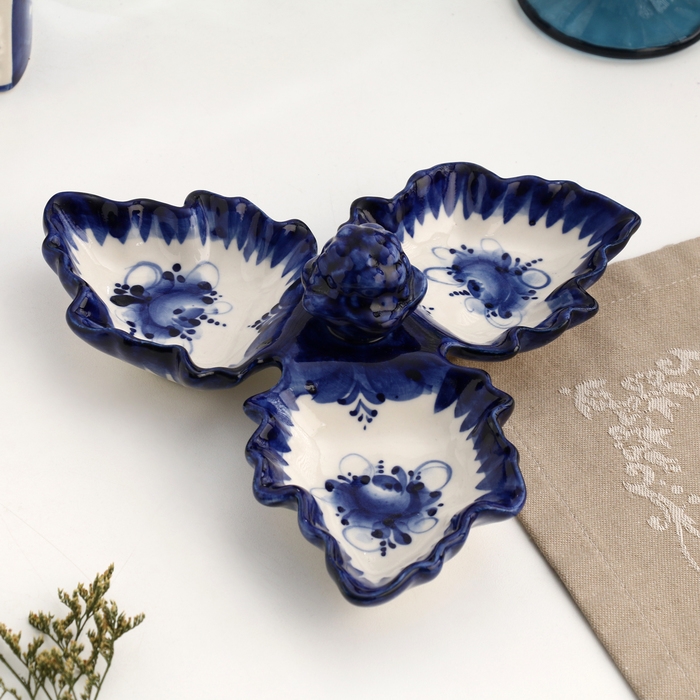 Менажница гжель «Листики», бело-синий,керамика, Менажница гжель «Листики», бело-синий,керамика,