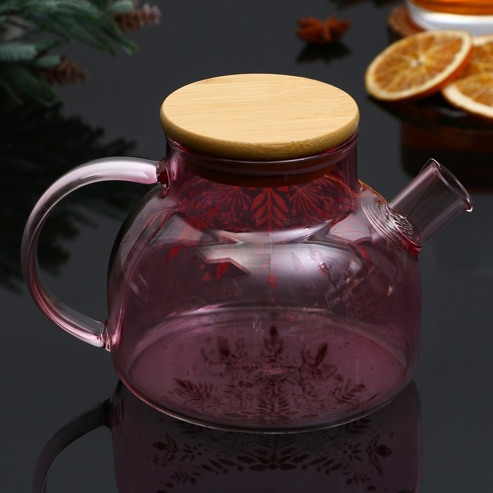 Новый год. Чайник заварочный стеклянный с бамбуковой крышкой «Розовая сказка», 600 мл Новый год. Чайник заварочный стеклянный с бамбуковой крышкой «Розовая сказка», 600 мл