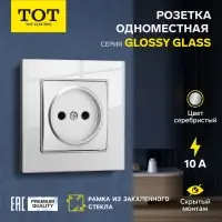 Розетка TOT Glossy Glass, 10 А, стекло, скрытая, одноместная, без заземления, серебристая