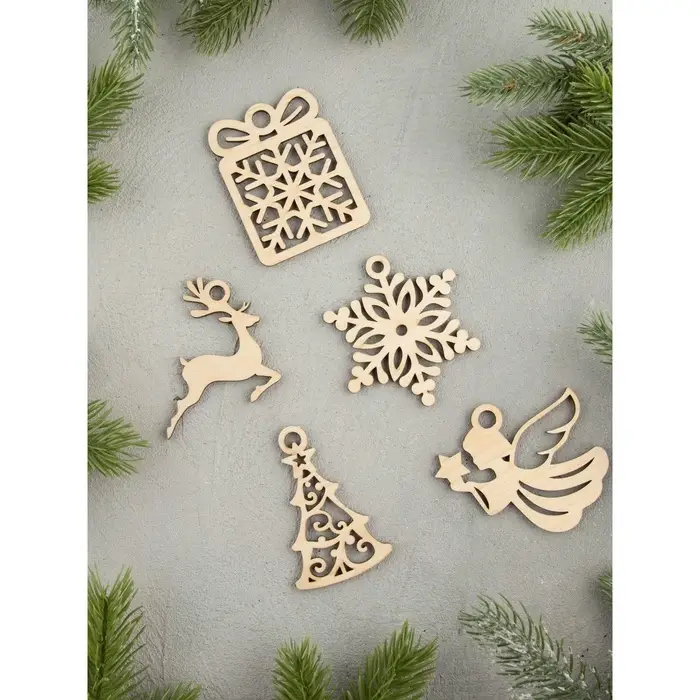 Ёлочные игрушки деревянные в коробке, набор 15 шт.