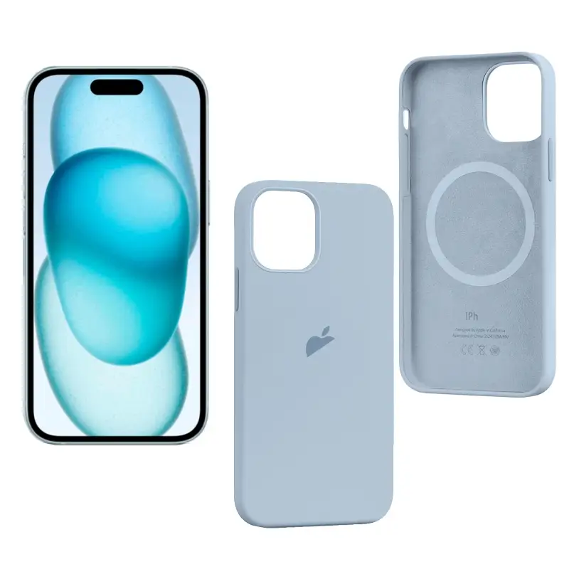 Чехол iPh 15 Silicon Case 100% ORG (MagSafe + анимация NFC) c LOGO Light Blue Чехол iPh 15 Silicon Case 100% ORG (MagSafe + анимация NFC) c LOGO Light Blue