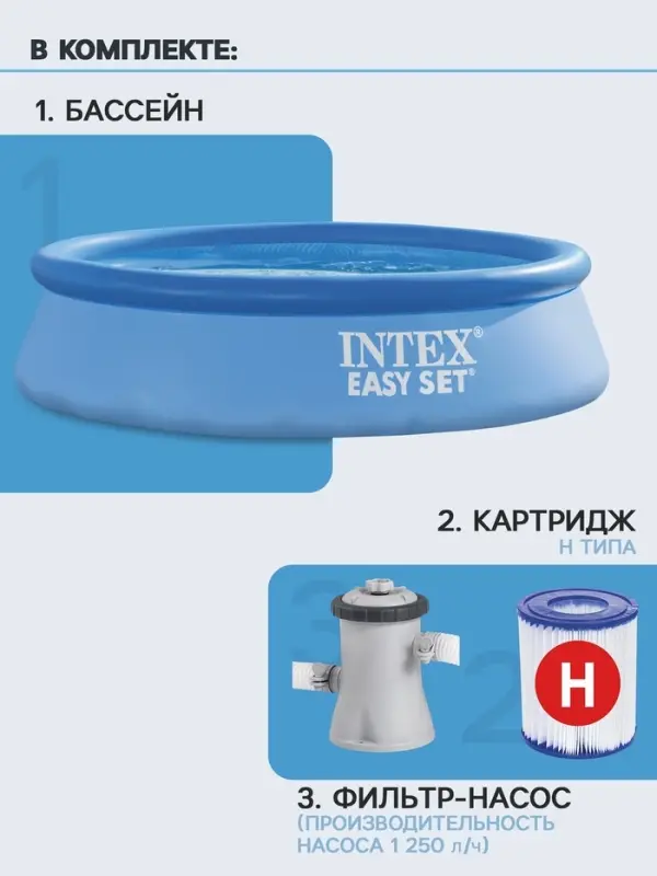 Бассейн надувной INTEX Easy Set 28108NP, 244&times;61 см, 1942 л, фильтр-насос 1250 л/ч, от 6 лет, круглый