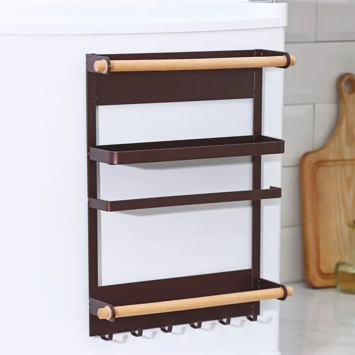 Держатель для кухонных принадлежностей на магните Доляна, 6 крючков, 4 направляющих, 34&times;24.5&times;6.5 см, коричневый