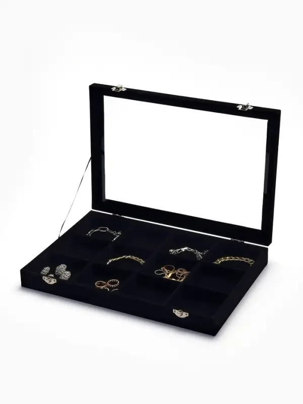 Шкатулка для украшений 12 ячеек, стеклянная крышка, 35&times;24&times;4.5 см, чёрная