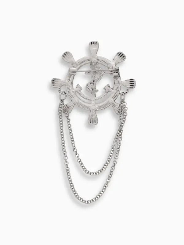 Брошь &laquo;Штурвал и якорь с цепочкой&raquo;, белая в серебре