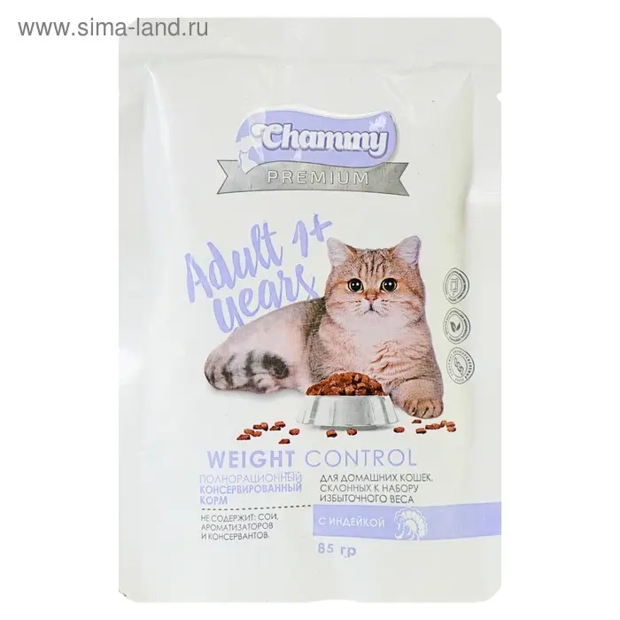 Влажный корм Chammy Premium для домашних кошек, склонных к полноте, индейка, 85 г