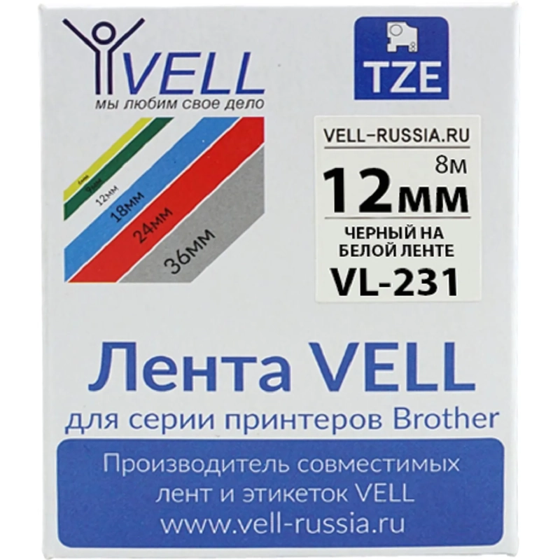 Картридж Vell VL-231 (TZe-231 Brother, 12 мм, чер на белом) для PT {Vell231
