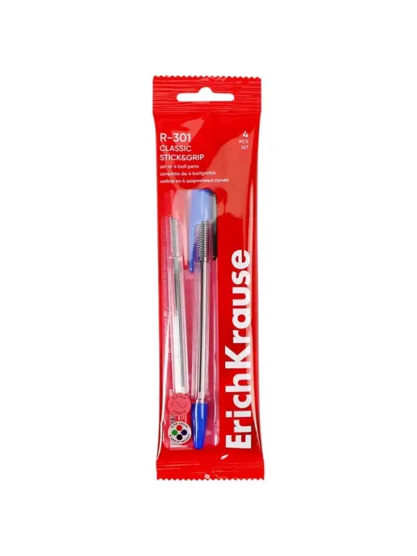 Набор шариковых ручек ErichKrause R=301 Classic Stick, 4 цвета, узел 1 мм, прозрачный корпус