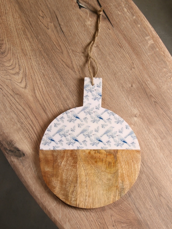 Доска разделочная круглая "Синие птицы" дерево манго 36х28 см