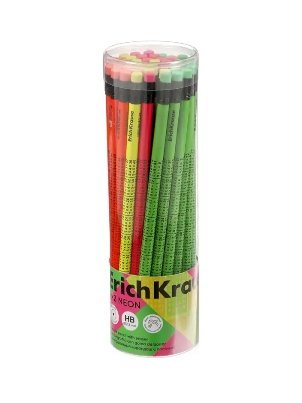 Карандаш чернографитный ErichKrause Neon, круглый, с ластиком, HB, в тубусе, МИКС