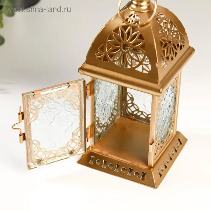 Подсвечник металл, стекло на 1 свечу  Подсвечник металл, стекло на 1 свечу "Фонарик. Сахара" золото 21,5х10х10 см