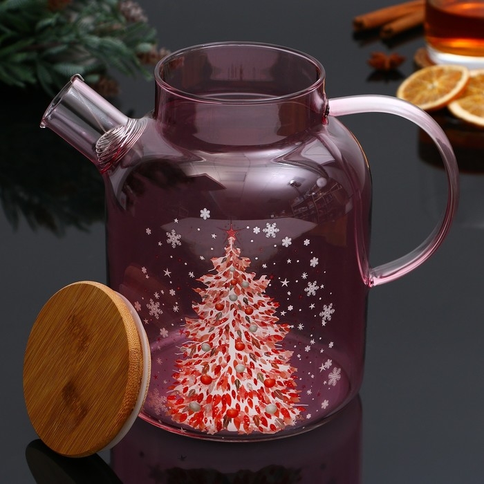Новый год. Чайник заварочный стеклянный с бамбуковой крышкой «Розовая сказка», 1700 мл Новый год. Чайник заварочный стеклянный с бамбуковой крышкой «Розовая сказка», 1700 мл