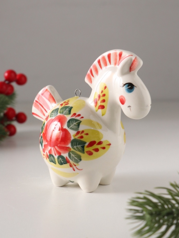 Ёлочный фарфоровый шар "Лошадь Цветок" /авторская роспись/,  11 см