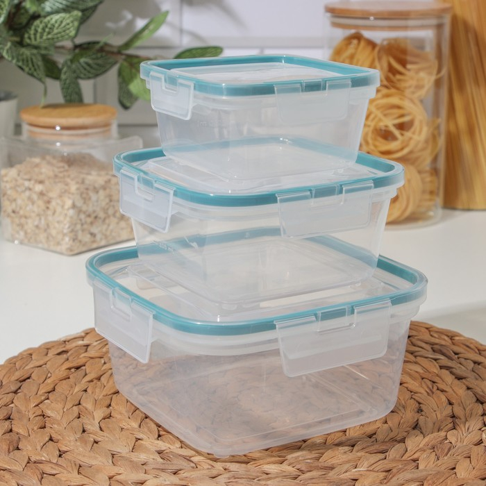 Набор контейнеров для продуктов с защёлкой, герметичная крышка, 3 шт: 400 мл, 800 мл, 1,5 л, прозрачные, крышка голубая Набор контейнеров для продуктов с защёлкой, герметичная крышка, 3 шт: 400 мл, 800 мл, 1,5 л, прозрачные, крышка голубая