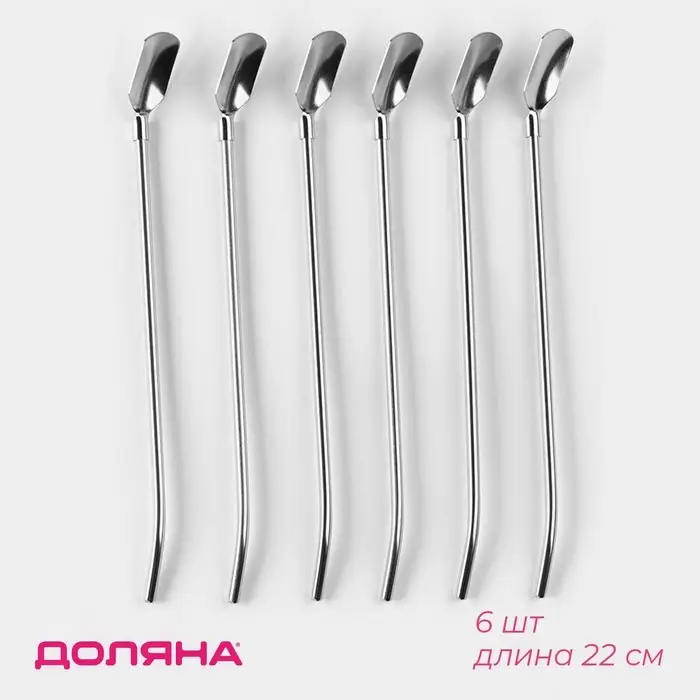 Набор ложек-трубочек барных Доляна, длина 22 см, 6 шт., нержавеющая сталь, серебристый