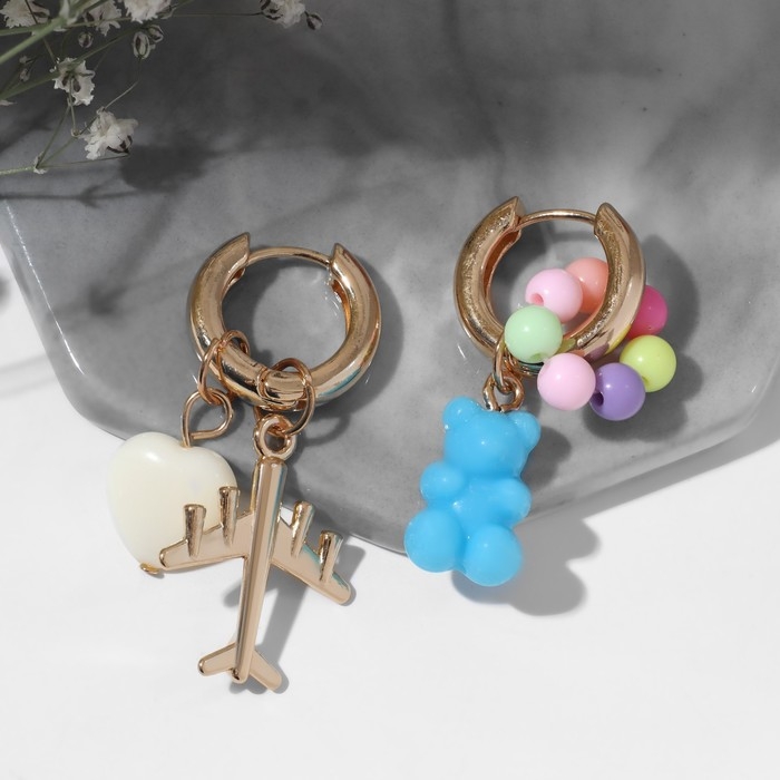 Серьги со съёмным элементом «Трансформер» мишка и сердце, цветные в золоте Серьги со съёмным элементом «Трансформер» мишка и сердце, цветные в золоте