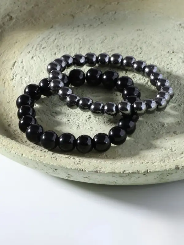Набор браслетов из бусин &laquo;Гематит и Агат&raquo;, 2 шт. шар №8, №10, чёрный, металлик