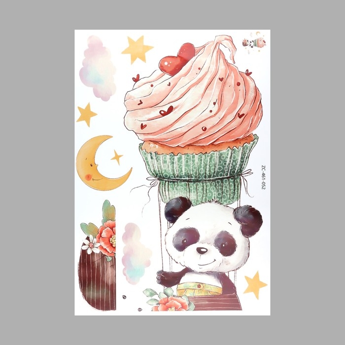 Наклейка пластик интерьерная цветная Наклейка пластик интерьерная цветная "Панда с капкейком в облаках" 40х60 см
