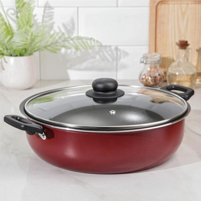 Жаровня-сковорода «Эксперт», 4 л, d=28 см, стеклянная крышка, антипригарное покрытие, цвет бордовый Жаровня-сковорода «Эксперт», 4 л, d=28 см, стеклянная крышка, антипригарное покрытие, цвет бордовый