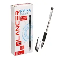 Ручки гелевые LANCER 12 штук, 0.5 мм, чёрный стержень, прозрачный корпус, с резиновым держателем