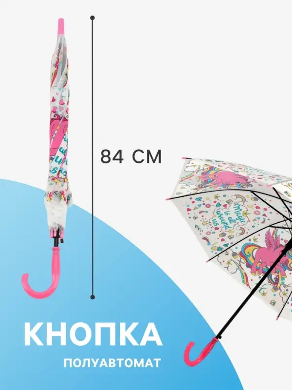 Зонт - трость детский &laquo;Розовый единорог&raquo;, полуавтоматический, 8 спиц, R=41/47 см, d=82 см, белый